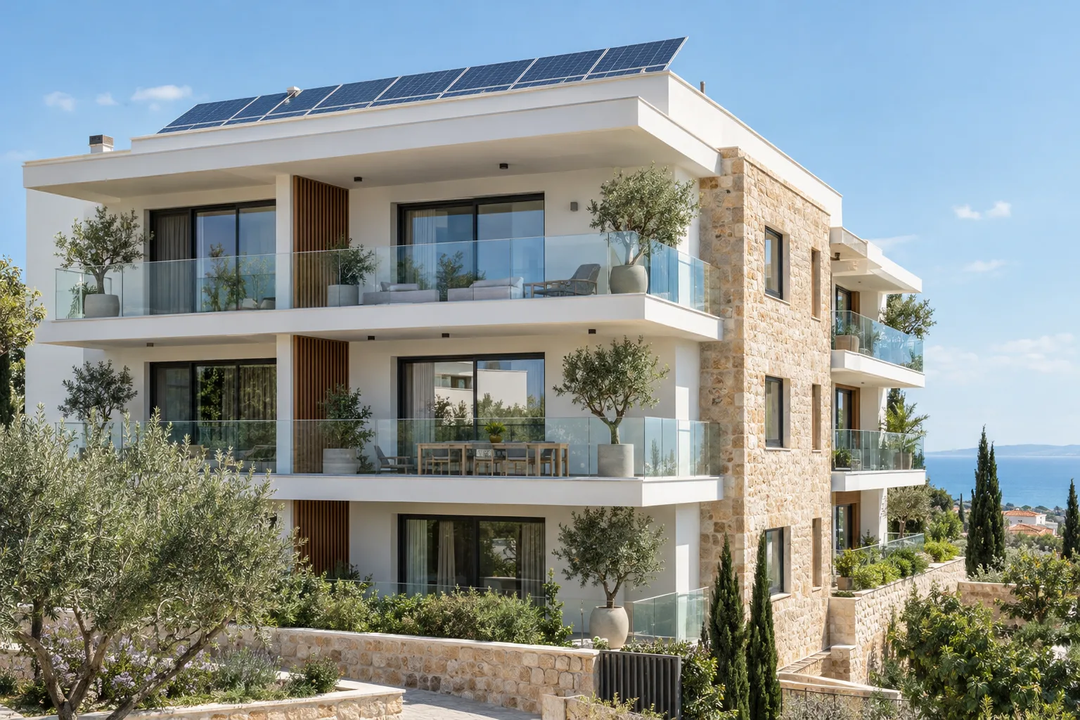 Edificio residenziale moderno con pannelli solari sul tetto e olivi in vaso sui balconi
